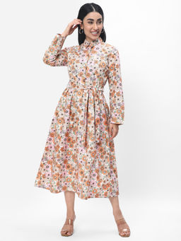 R&B - Women Floral Printed Cotton White Dress