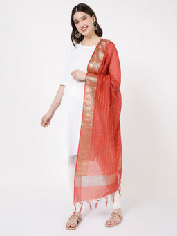 R&B - Red Polyester Zari Striped Dupatta