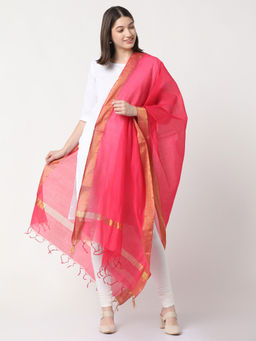 R&B - Pink Polyester Woven Tassel Dupatta