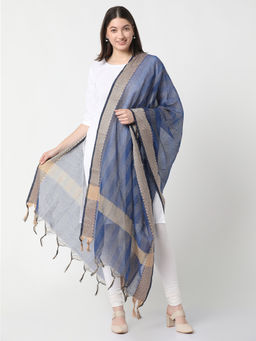 R&B - Indigo Cotton Striped Tassels Dupatta