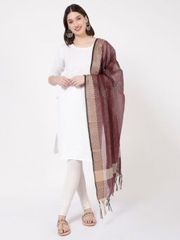 R&B - Maroon Cotton Striped Tassels Dupatta