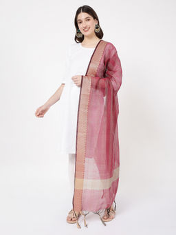 R&B - Wine Cotton Striped Tassels Dupatta