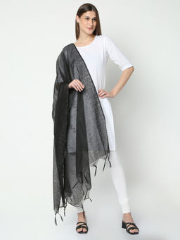 R&B - Black Polyester Embroidered Tassels Dupatta