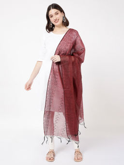 R&B - Maroon Polyester Embroidered Tassels Dupatta