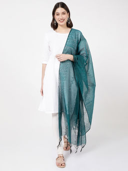 R&B - Teal Polyester Embroidered Tassels Dupatta