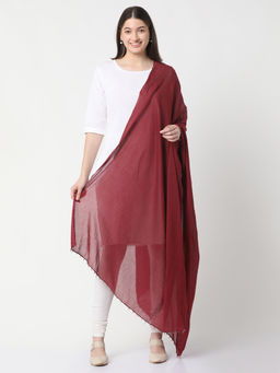 R&B - Maroon Cotton Solid Tassels Dupatta