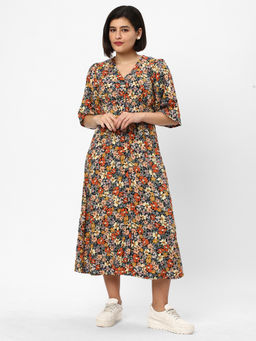 R&B - Women Floral Printed Viscose Multi-Color Dress