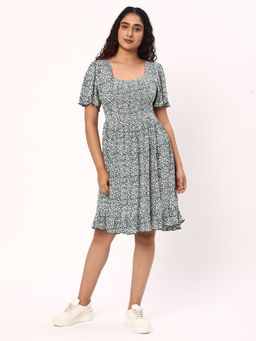 R&B - Women Floral Printed Rayon Green Flared Dress