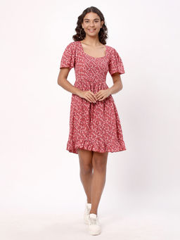 R&B - Women Floral Printed Rayon Pink Flared Dress