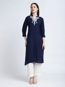R&B - Navy Blue Embroidered Regular Kurta