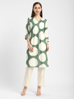 R&B - Green Polka-Dot Printed A-Line Kurta