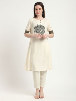 R&B - Off White Printed Regular Kurta