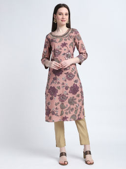 R&B - Peach Floral Print Regular Kurta