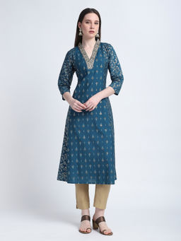 R&B - Blue Printed A-Line Kurta