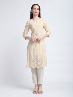 R&B - Beige Embroidered A-Line Kurta