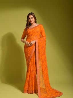 Odette - Orange Chiffon Designer Saree with Unstitched Blouse