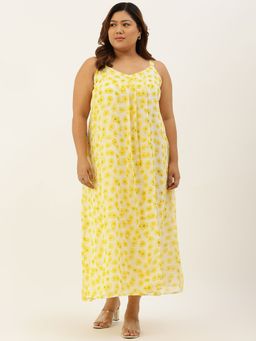 theRebelinme - Plus Size Women Yellow Floral Printed A-Line Sleeveless Maxi Dress