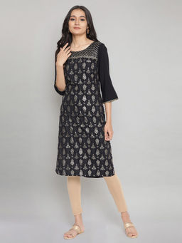 Aurelia - Black Glitter Print Straight Kurta