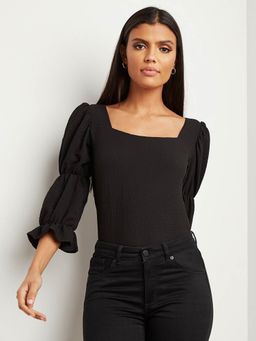 Styli - Black Textured Square Neck Top With Bishop Sleeves