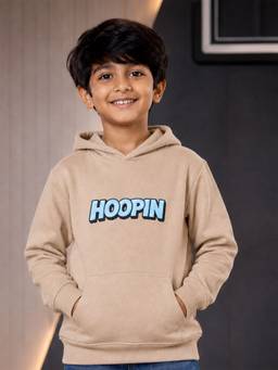 KiddoPanti - Beige Fleece Full Sleeves Hooded Neck Printed Hoodie