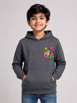 KiddoPanti - Grey Fleece Full Sleeves Hooded Neck Printed Hoodie