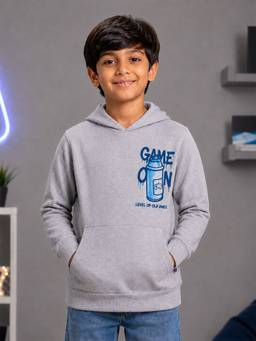 KiddoPanti - Grey Fleece Full Sleeves Hooded Neck Printed Hoodie