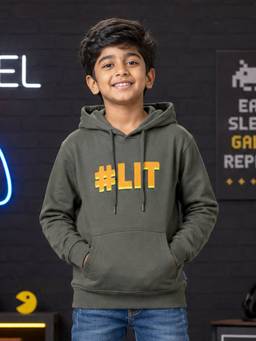 KiddoPanti - Green Fleece Full Sleeves Hooded Neck Printed Hoodie