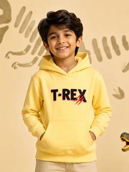 KiddoPanti - Yellow Fleece Full Sleeves Hooded Neck Printed Hoodie