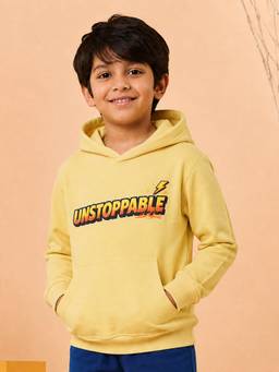 KiddoPanti - Yellow Fleece Full Sleeves Hooded Neck Printed Hoodie