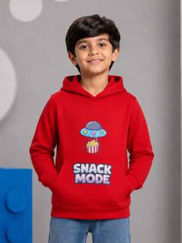 KiddoPanti - Red Fleece Full Sleeves Hooded Neck Printed Hoodie