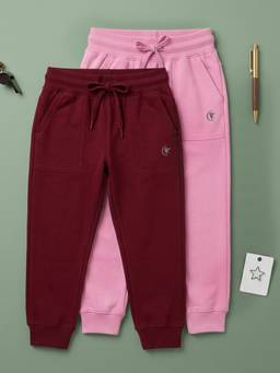 KiddoPanti - Multi-Color Fleece Tapered Leg Mid Waist Solid Joggers (Pack of 2)
