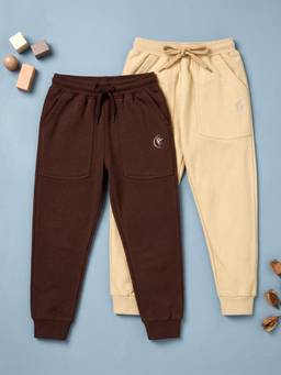 KiddoPanti - Multi-Color Fleece Tapered Leg Mid Waist Solid Joggers (Pack of 2)