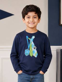 KiddoPanti - Cotton Knit Drop Shoulder Full Sleeve Tie Patch Printed T-Shirt