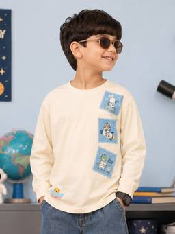 KiddoPanti - Cotton Knit Drop Shoulder Space Explorer Patch Printed T-Shirt