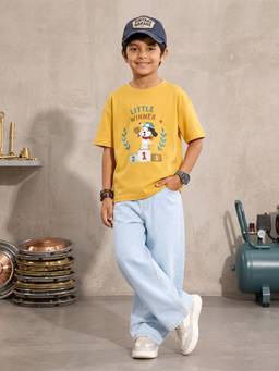 KiddoPanti - Yellow Cotton Half Sleeves Round Neck Regular T-Shirt With Jeans
