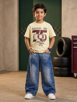 KiddoPanti - Yellow Cotton Half Sleeves Round Neck Regular T-Shirt With Jeans