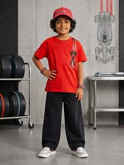 KiddoPanti - Red Cotton Half Sleeves Round Neck Regular T-Shirt With Jeans