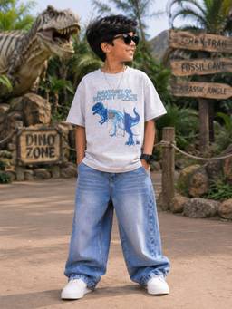 KiddoPanti - Grey Cotton Half Sleeves Round Neck Regular T-Shirt With Jeans