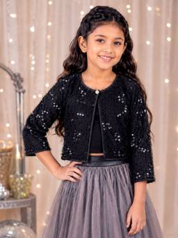 KiddoPanti - Black Polyester Three Fourth Sleeves Round Neck Regular Shrug