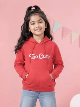 KiddoPanti - Red Fleece Full Sleeves Hooded Neck Printed Hoodie