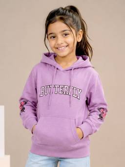 KiddoPanti - Purple Fleece Full Sleeves Hooded Neck Printed Hoodie