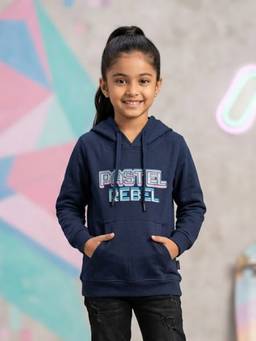 KiddoPanti - Navy Blue Fleece Full Sleeves Hooded Neck Printed Hoodie