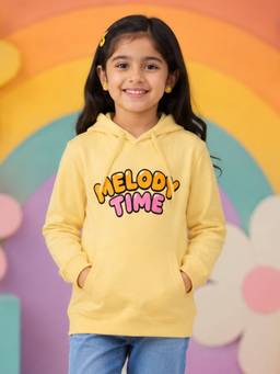 KiddoPanti - Yellow Fleece Full Sleeves Hooded Neck Printed Hoodie