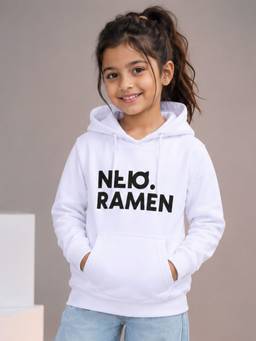 KiddoPanti - White Fleece Full Sleeves Hooded Neck Printed Hoodie