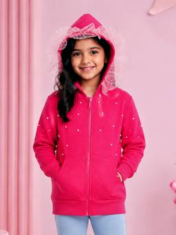 KiddoPanti - Pink Fleece Full Sleeves Printed Hooded Jacket