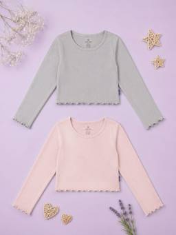 KiddoPanti - Multi-Color Cotton Full Sleeves Round Neck Solid Tops (Pack of 2)