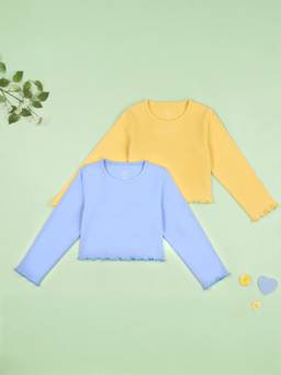 KiddoPanti - Multi-Color Cotton Full Sleeves Round Neck Solid Tops (Pack of 2)