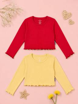 KiddoPanti - Multi-Color Cotton Full Sleeves Round Neck Solid Tops (Pack of 2)