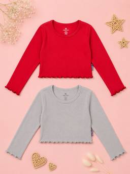 KiddoPanti - Multi-Color Cotton Full Sleeves Round Neck Solid Tops (Pack of 2)