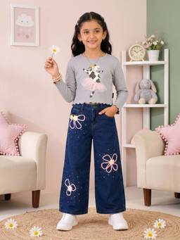KiddoPanti - Grey Cotton Full Sleeves Round Neck Regular T-Shirt With Jeans